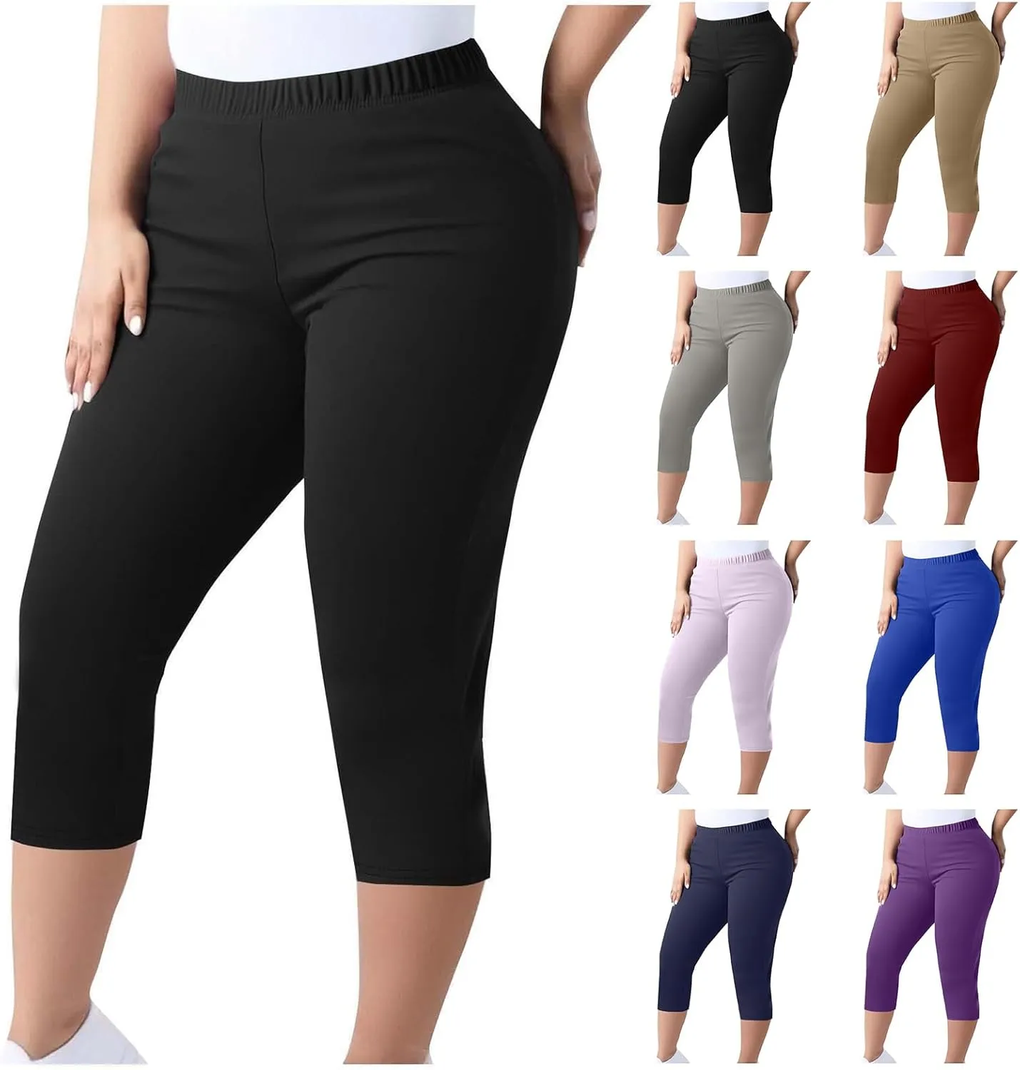 Plus Size Leggings for Women Stretch Knee Length High Waisted Tummy Control Yoga Pants Summer Butt Lifting Capris