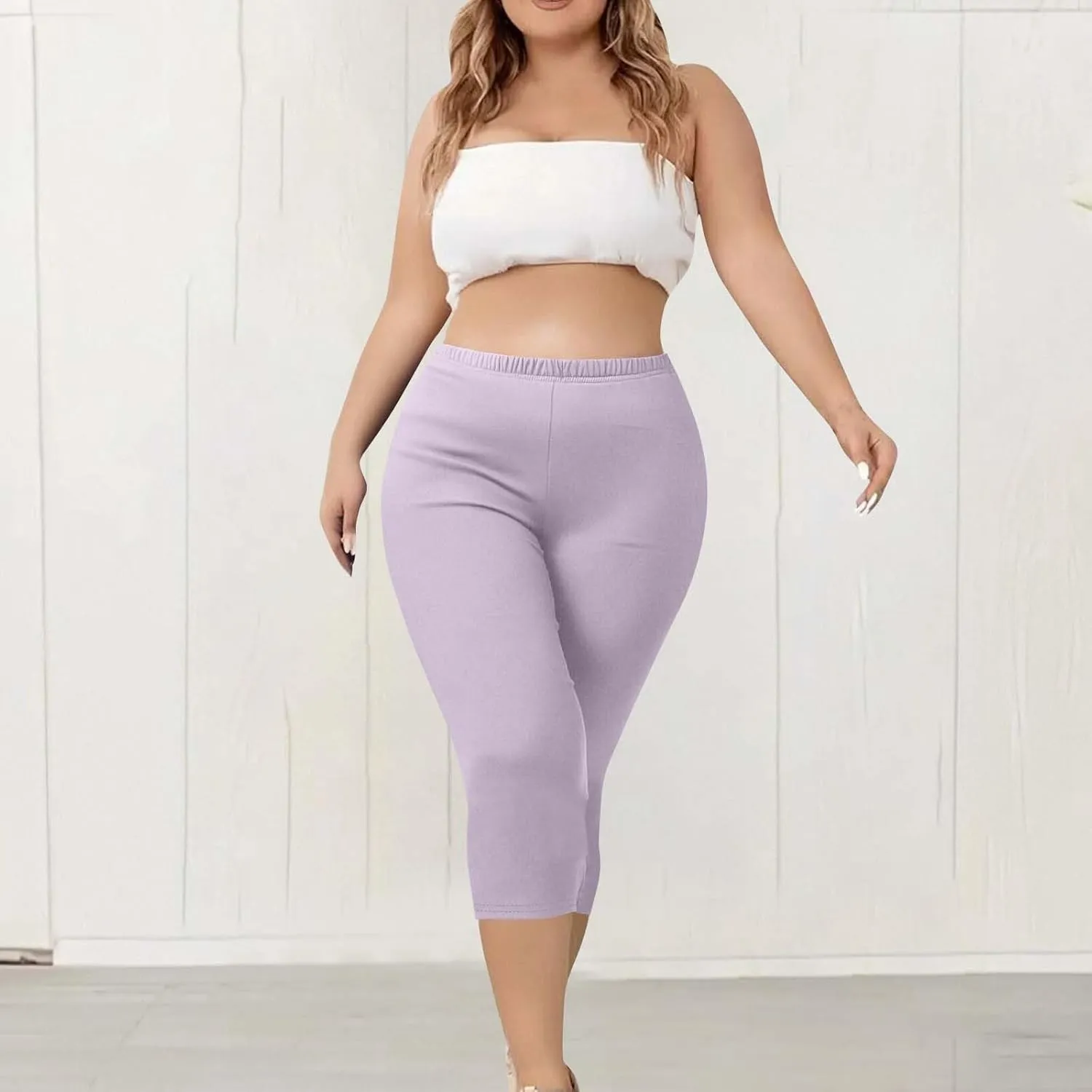 Plus Size Leggings for Women Stretch Knee Length High Waisted Tummy Control Yoga Pants Summer Butt Lifting Capris
