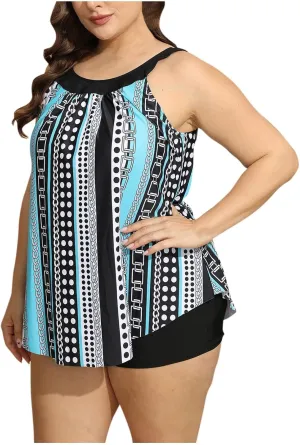 Plus Size Tankini Swimsuits for Curvy Women Summer Beach Two Piece Bathing Suits Ladies Flowy Tank Top with Boyshorts