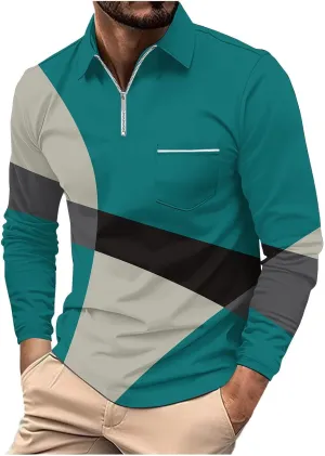 Polo Shirts for Men Cotton Business Fashion Printing Long Sleeve Lapel Zipper Pocket Mens Flannel Shirts Long