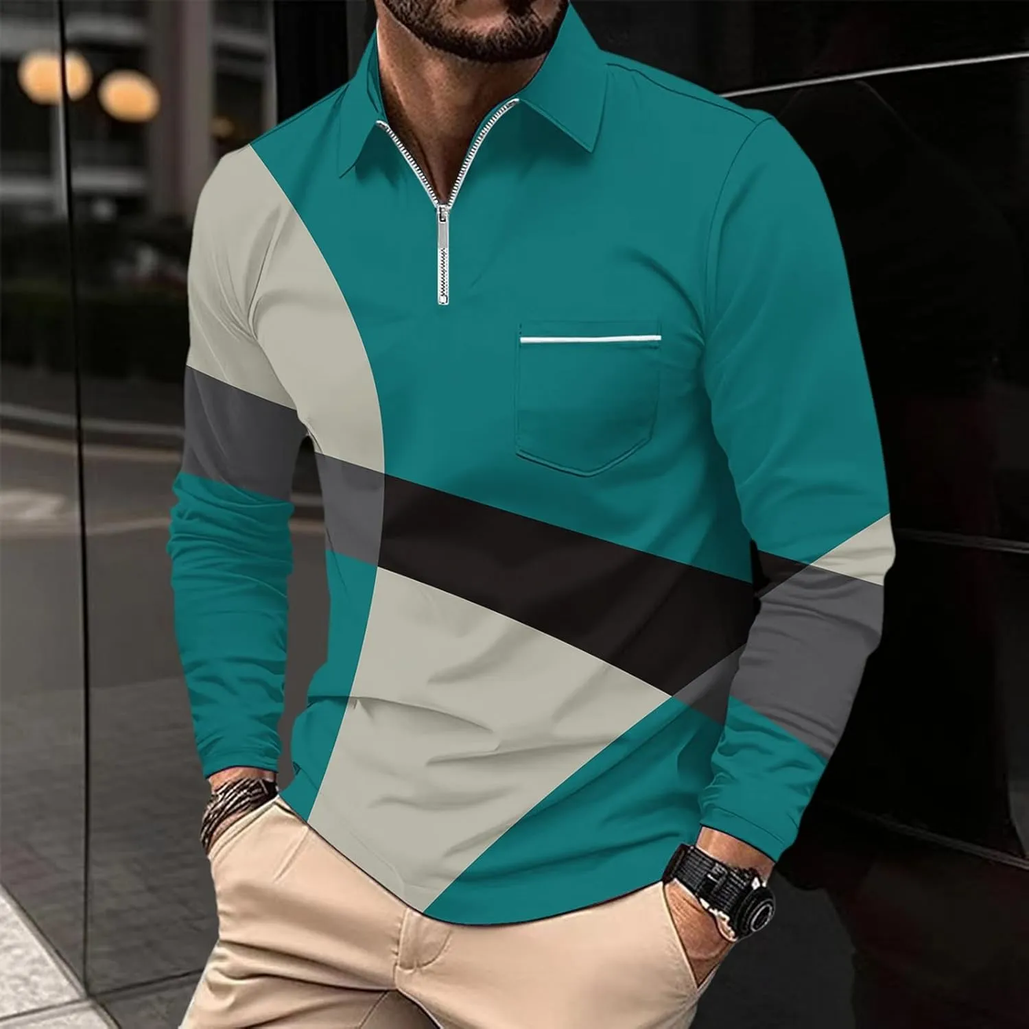 Polo Shirts for Men Cotton Business Fashion Printing Long Sleeve Lapel Zipper Pocket Mens Flannel Shirts Long