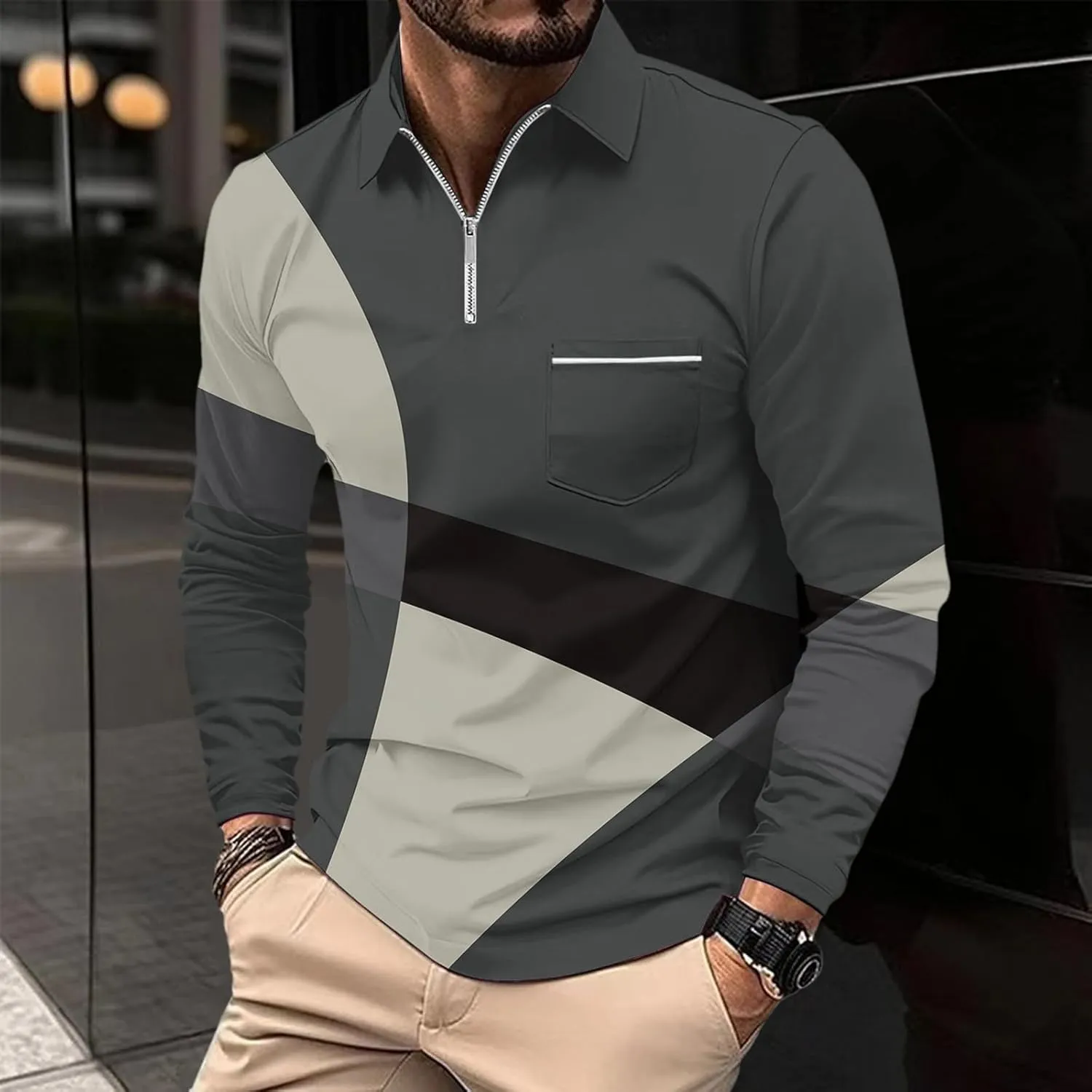Polo Shirts for Men Cotton Business Fashion Printing Long Sleeve Lapel Zipper Pocket Mens Flannel Shirts Long
