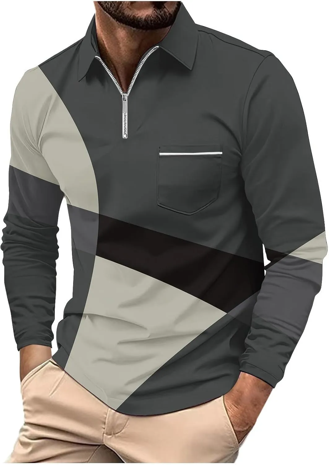 Polo Shirts for Men Cotton Business Fashion Printing Long Sleeve Lapel Zipper Pocket Mens Flannel Shirts Long