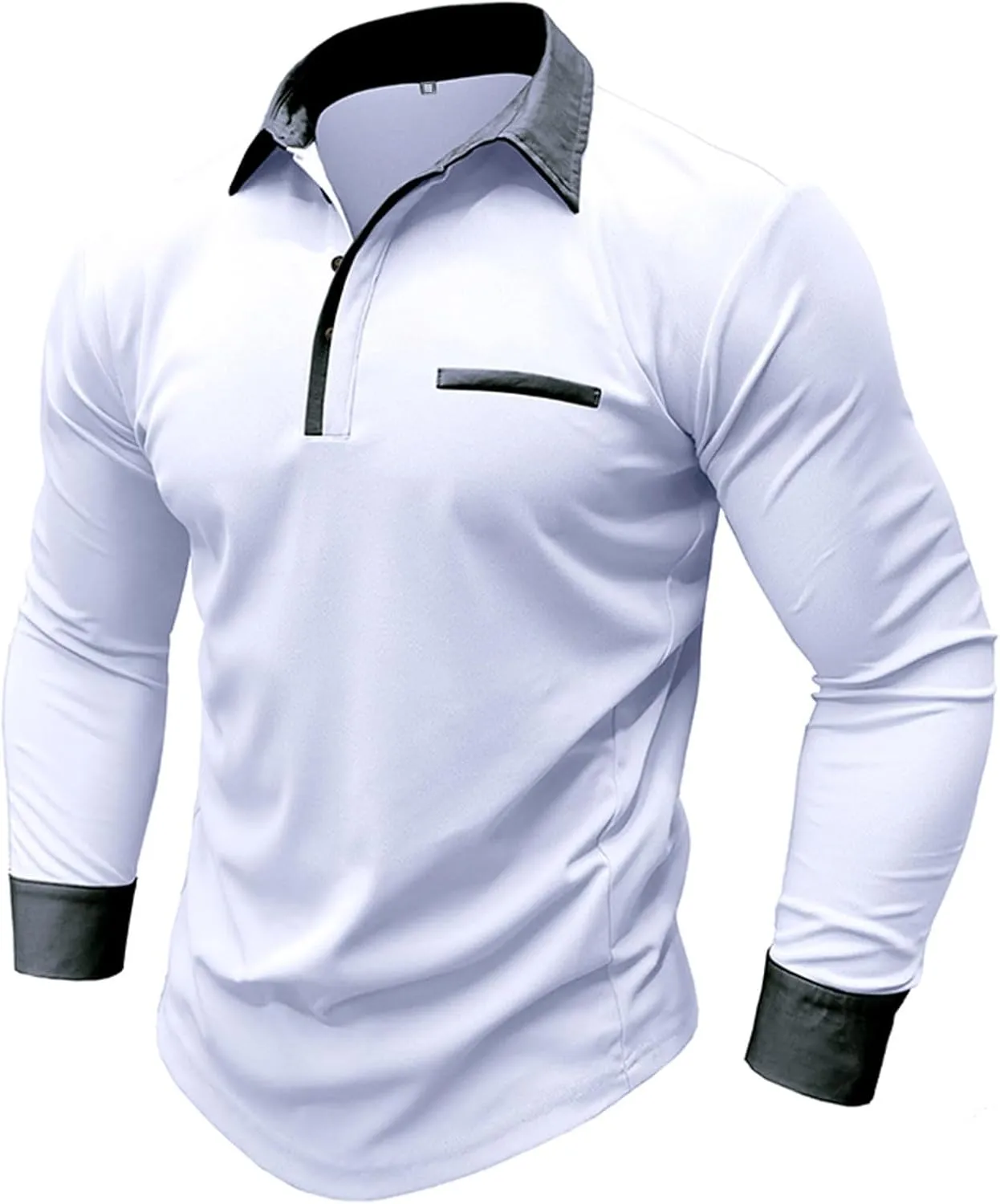 Polo Shirts for Men Muscle Button Down Long Sleeve Polo Shirts Big and Tall Lapel Neck Basic Slim Fit Pullover