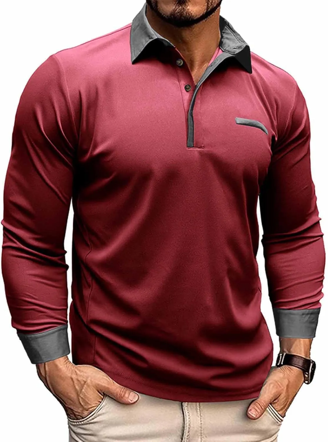 Polo Shirts for Men Muscle Button Down Long Sleeve Polo Shirts Big and Tall Lapel Neck Basic Slim Fit Pullover