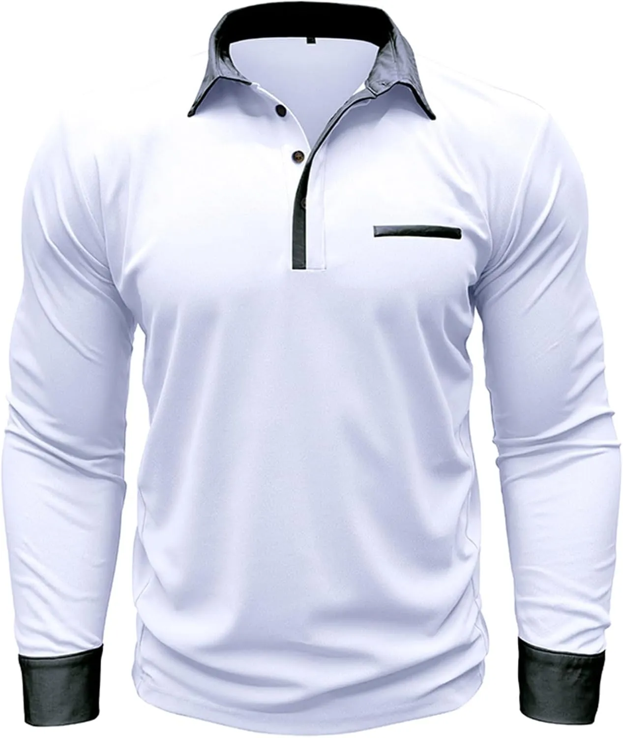 Polo Shirts for Men Muscle Button Down Long Sleeve Polo Shirts Big and Tall Lapel Neck Basic Slim Fit Pullover