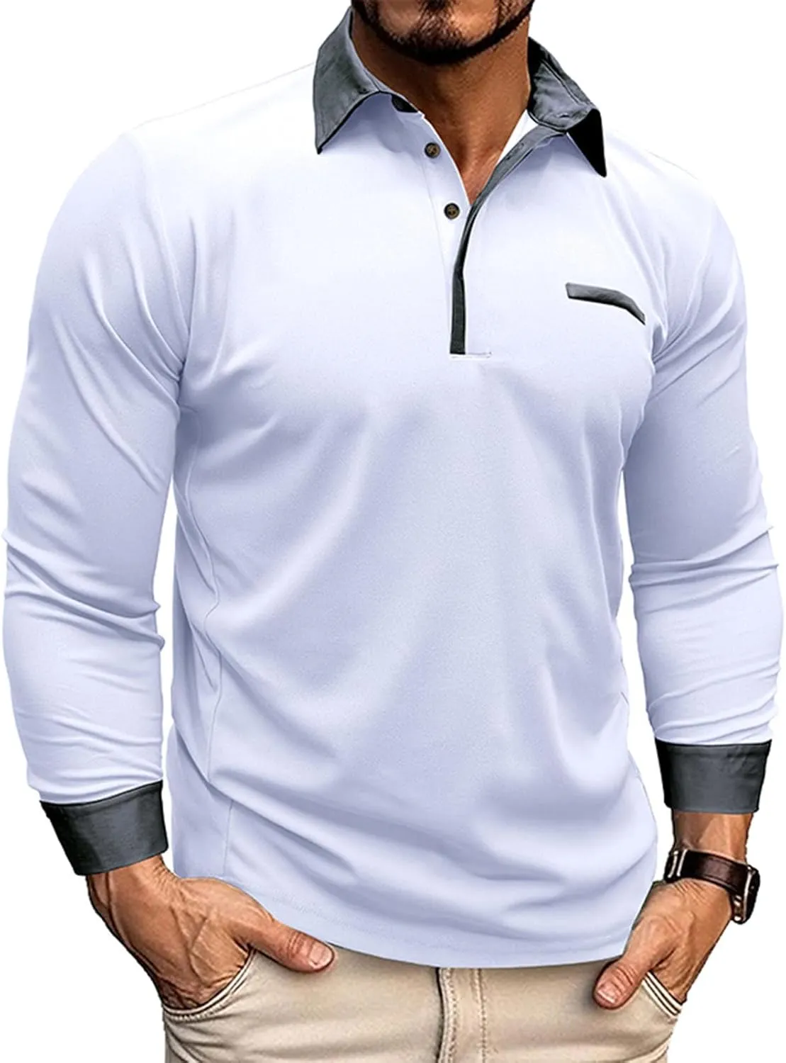 Polo Shirts for Men Muscle Button Down Long Sleeve Polo Shirts Big and Tall Lapel Neck Basic Slim Fit Pullover