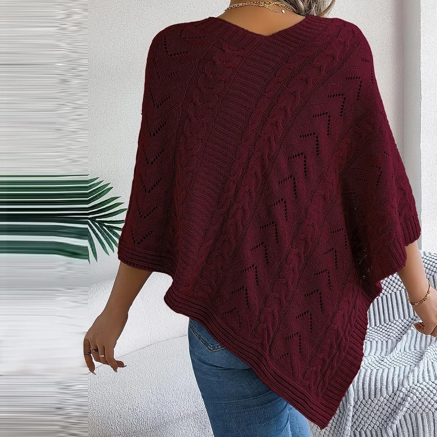 Poncho Knitted Cape Shawl Wrap Cardigan for Women Elegant Wrap V Neck Cable Knit Hollow Out Pullover Sweater Jumper Top