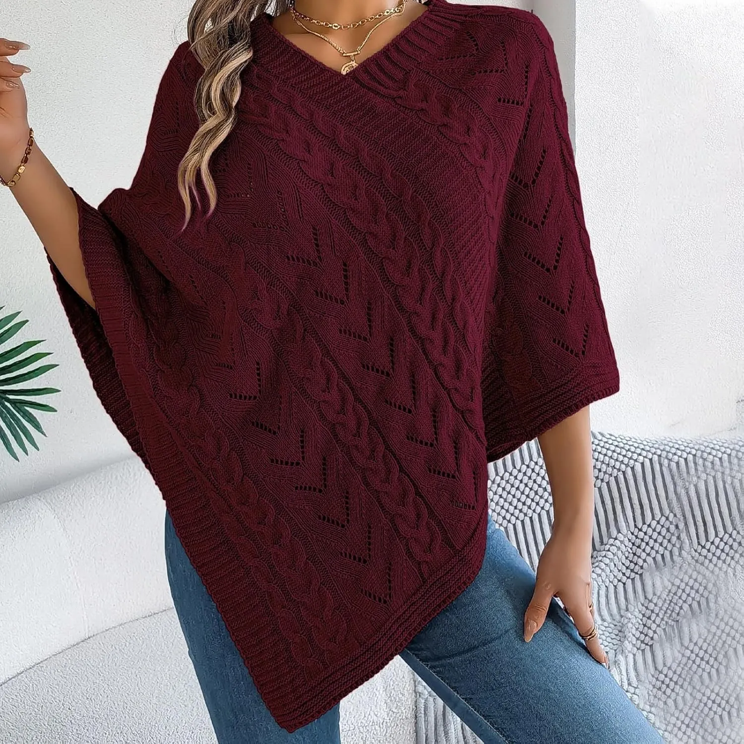 Poncho Knitted Cape Shawl Wrap Cardigan for Women Elegant Wrap V Neck Cable Knit Hollow Out Pullover Sweater Jumper Top