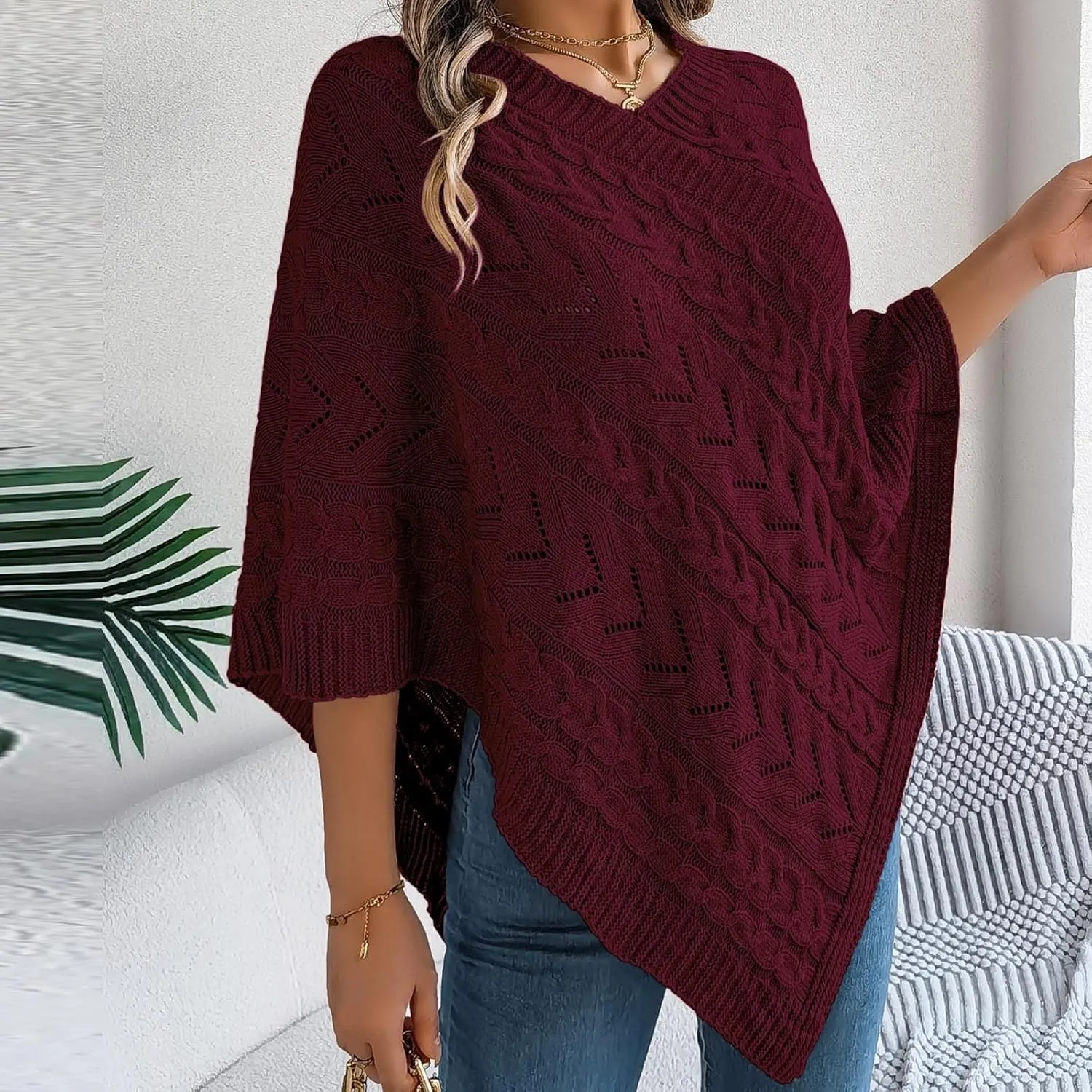 Poncho Knitted Cape Shawl Wrap Cardigan for Women Elegant Wrap V Neck Cable Knit Hollow Out Pullover Sweater Jumper Top