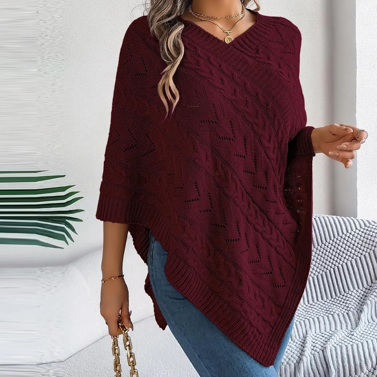 Poncho Knitted Cape Shawl Wrap Cardigan for Women Elegant Wrap V Neck Cable Knit Hollow Out Pullover Sweater Jumper Top