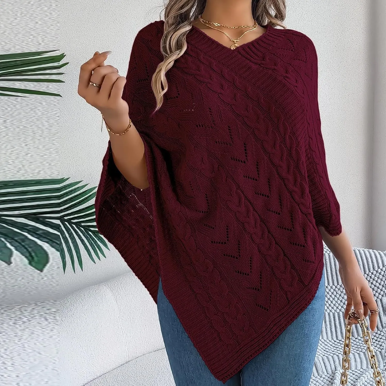 Poncho Knitted Cape Shawl Wrap Cardigan for Women Elegant Wrap V Neck Cable Knit Hollow Out Pullover Sweater Jumper Top