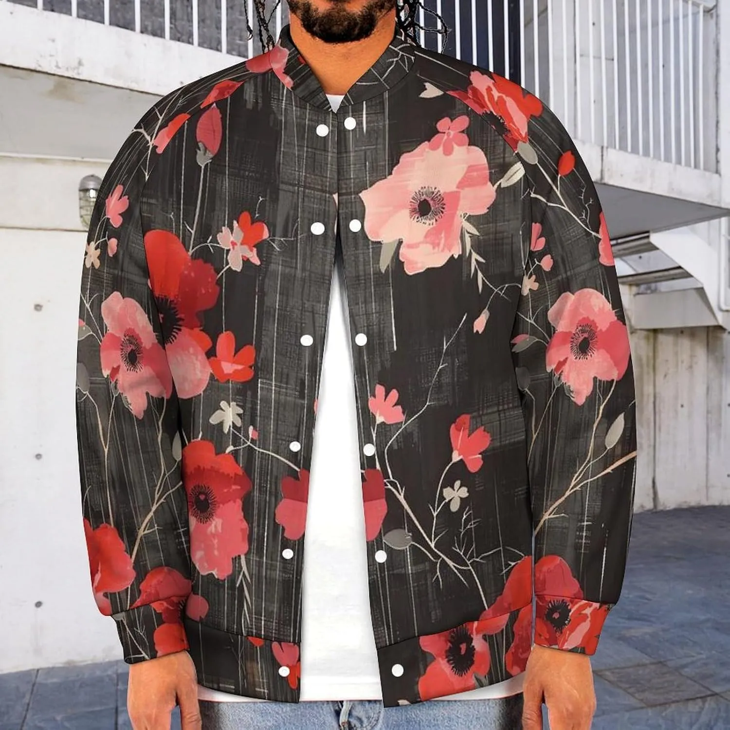 Poppy Flower Black White Checkered Lightweight Men's Baseball Jackets Relaxed Fit Varsity Bomber Jacket Windbreaker Coat