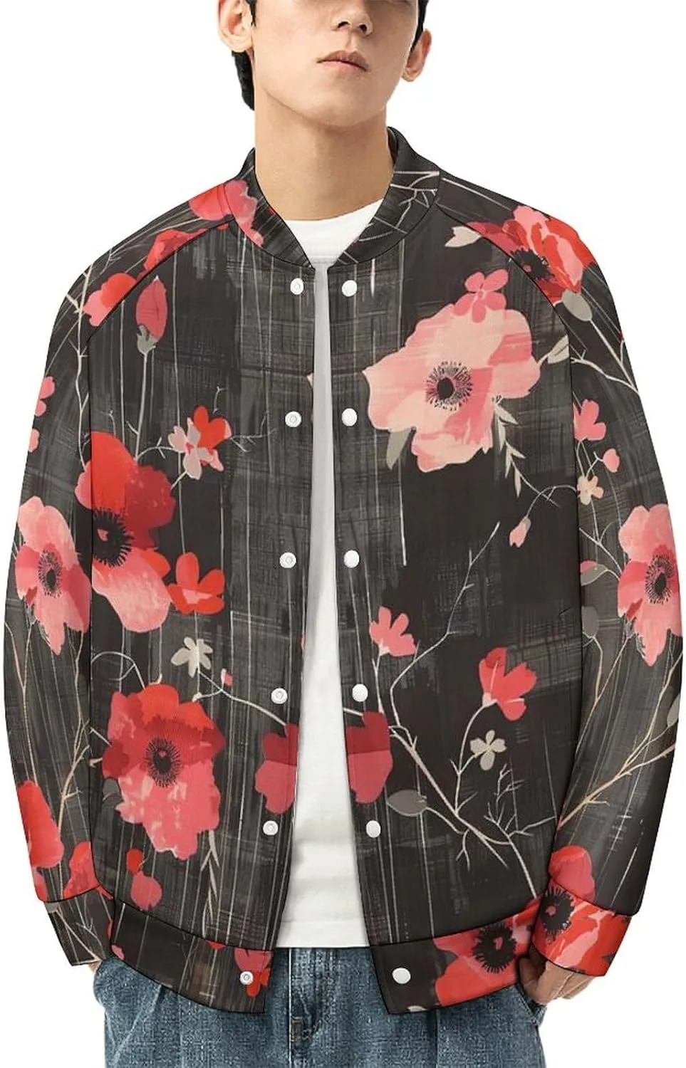 Poppy Flower Black White Checkered Lightweight Men's Baseball Jackets Relaxed Fit Varsity Bomber Jacket Windbreaker Coat