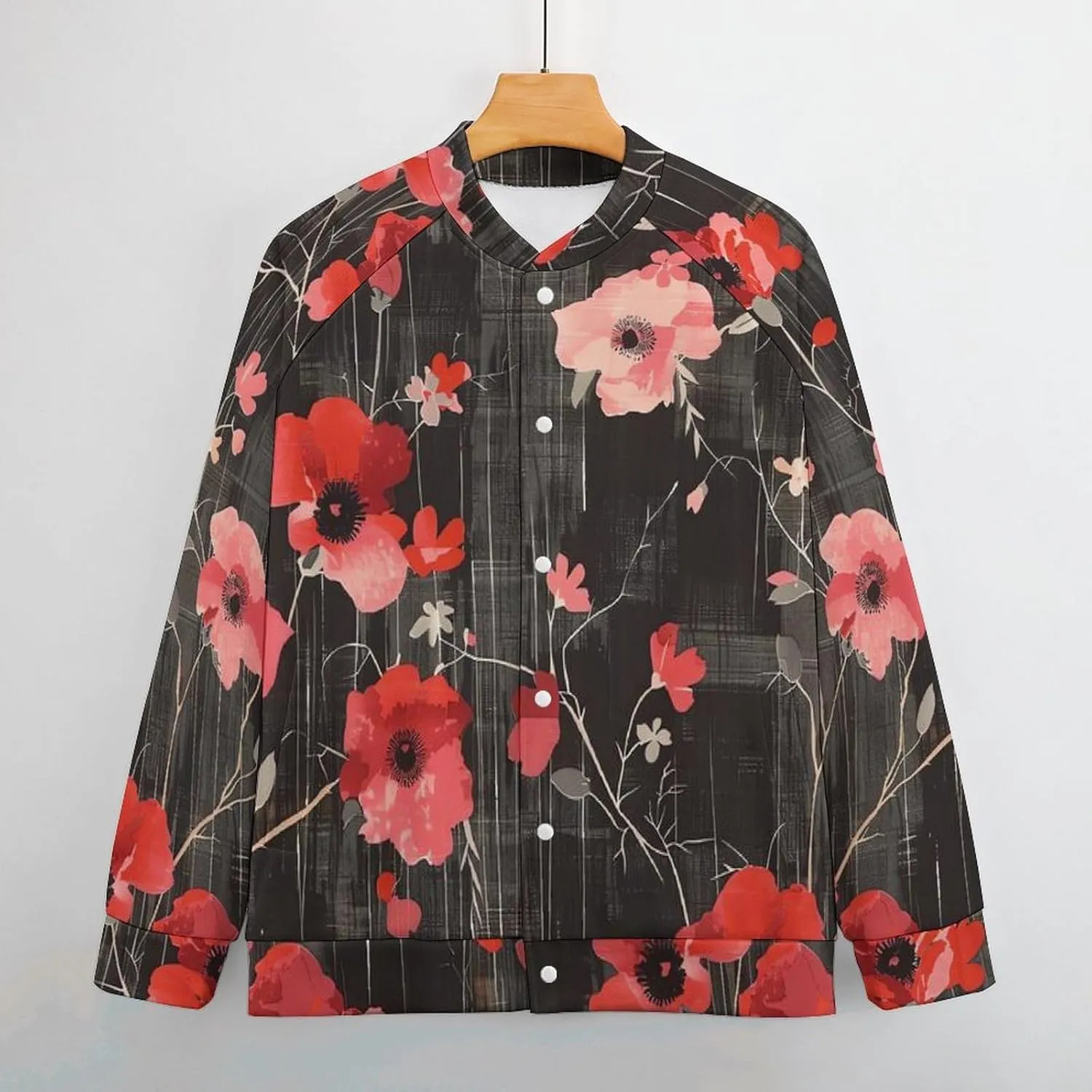 Poppy Flower Black White Checkered Lightweight Men's Baseball Jackets Relaxed Fit Varsity Bomber Jacket Windbreaker Coat