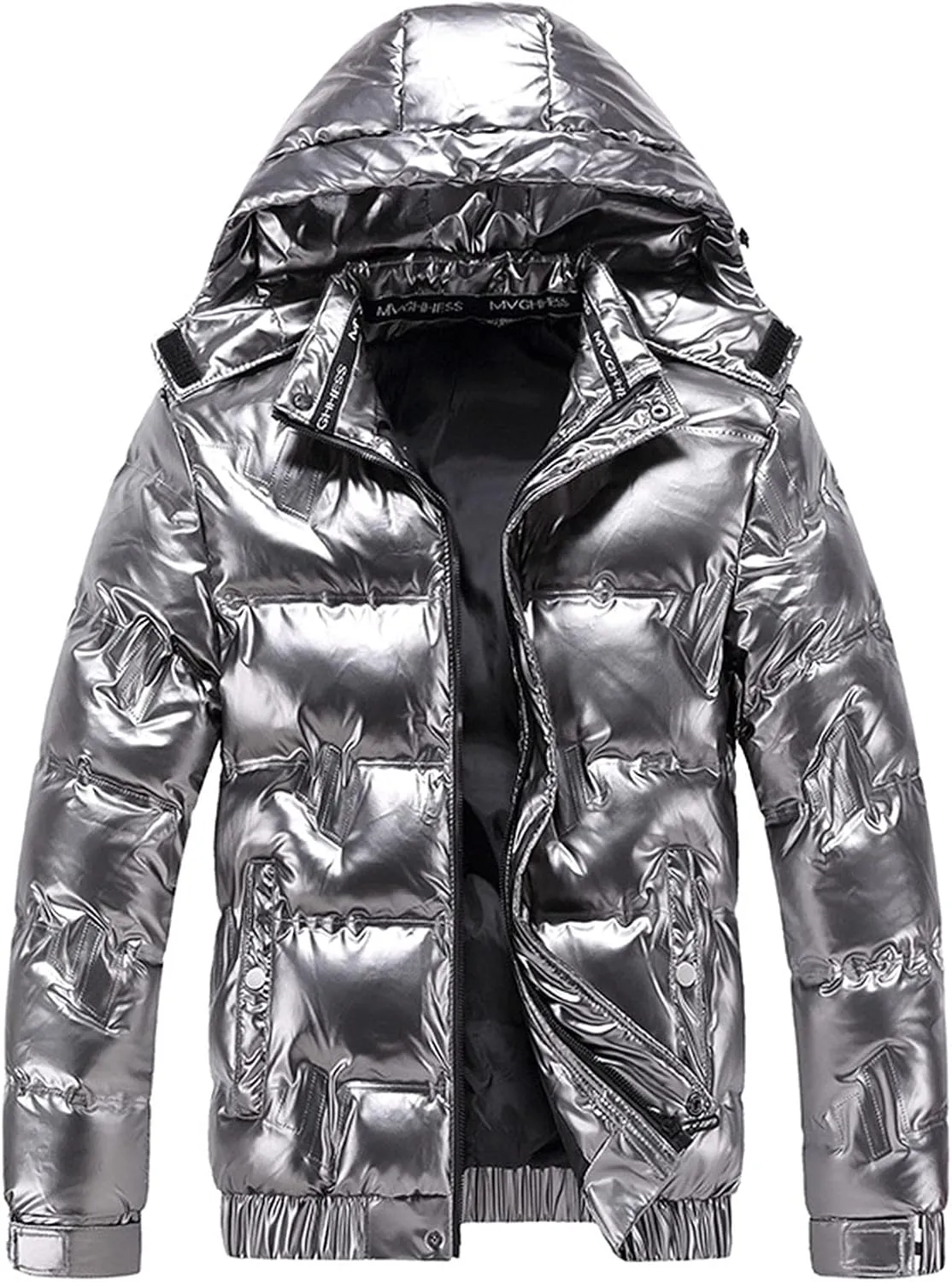 Puffer Jacket Men With Hood Waterproof Shiny Reflective Down Coat Lightweight Packable Winter Thicken Bubble Jackets