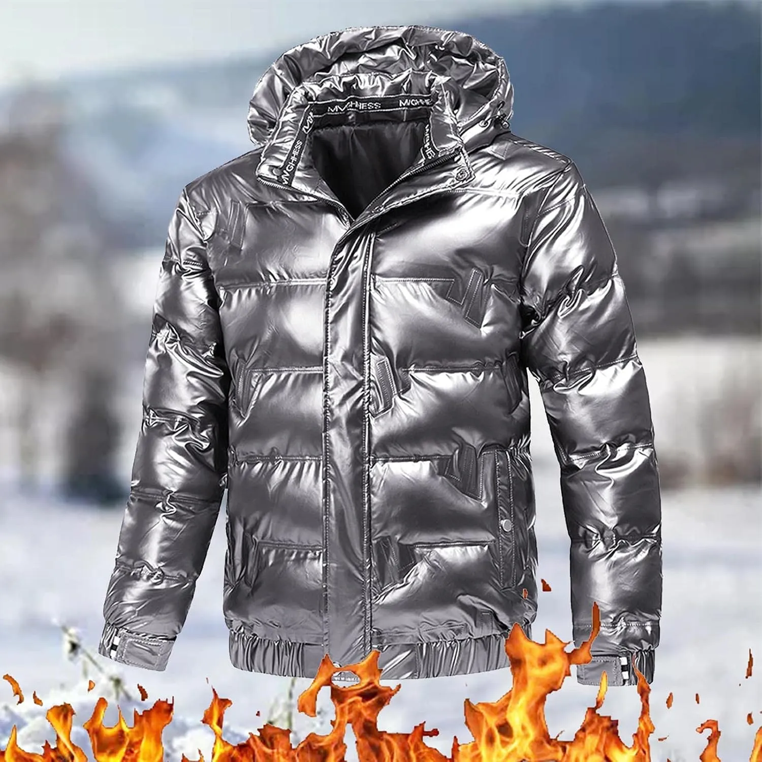 Puffer Jacket Men With Hood Waterproof Shiny Reflective Down Coat Lightweight Packable Winter Thicken Bubble Jackets