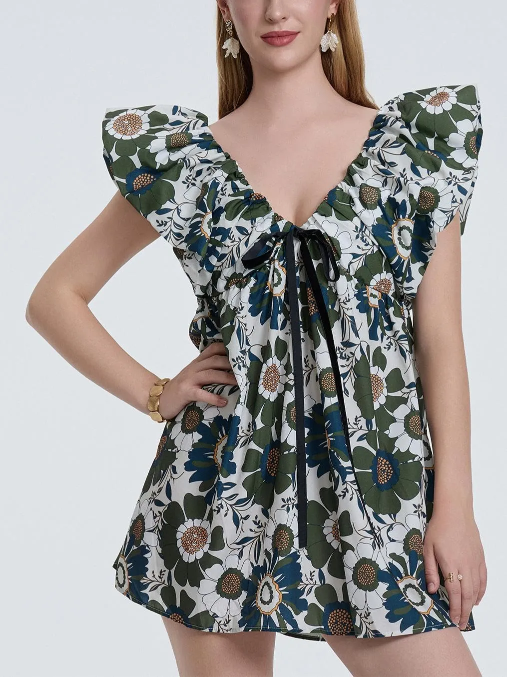 QLQLWDD Women Y2k Floral Print Mini Dress Boho V Neck Puff Sleeve Short Dress Flowy A Line Babydoll Dress