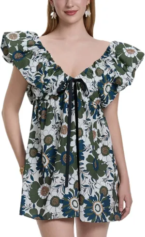 QLQLWDD Women Y2k Floral Print Mini Dress Boho V Neck Puff Sleeve Short Dress Flowy A Line Babydoll Dress