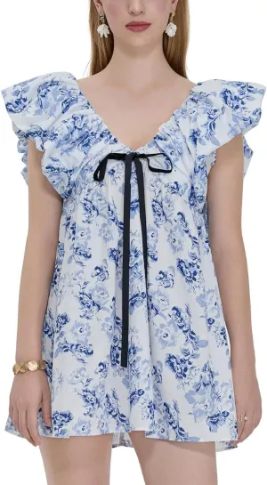 QLQLWDD Women Y2k Floral Print Mini Dress Boho V Neck Puff Sleeve Short Dress Flowy A Line Babydoll Dress