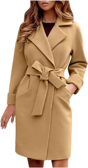 QWENTMTNTY Women's Wool Trench Coats Long Classic Winter Lapel Collar Belted Pea Coats Fashion Loose Wool Peacoat Jackets