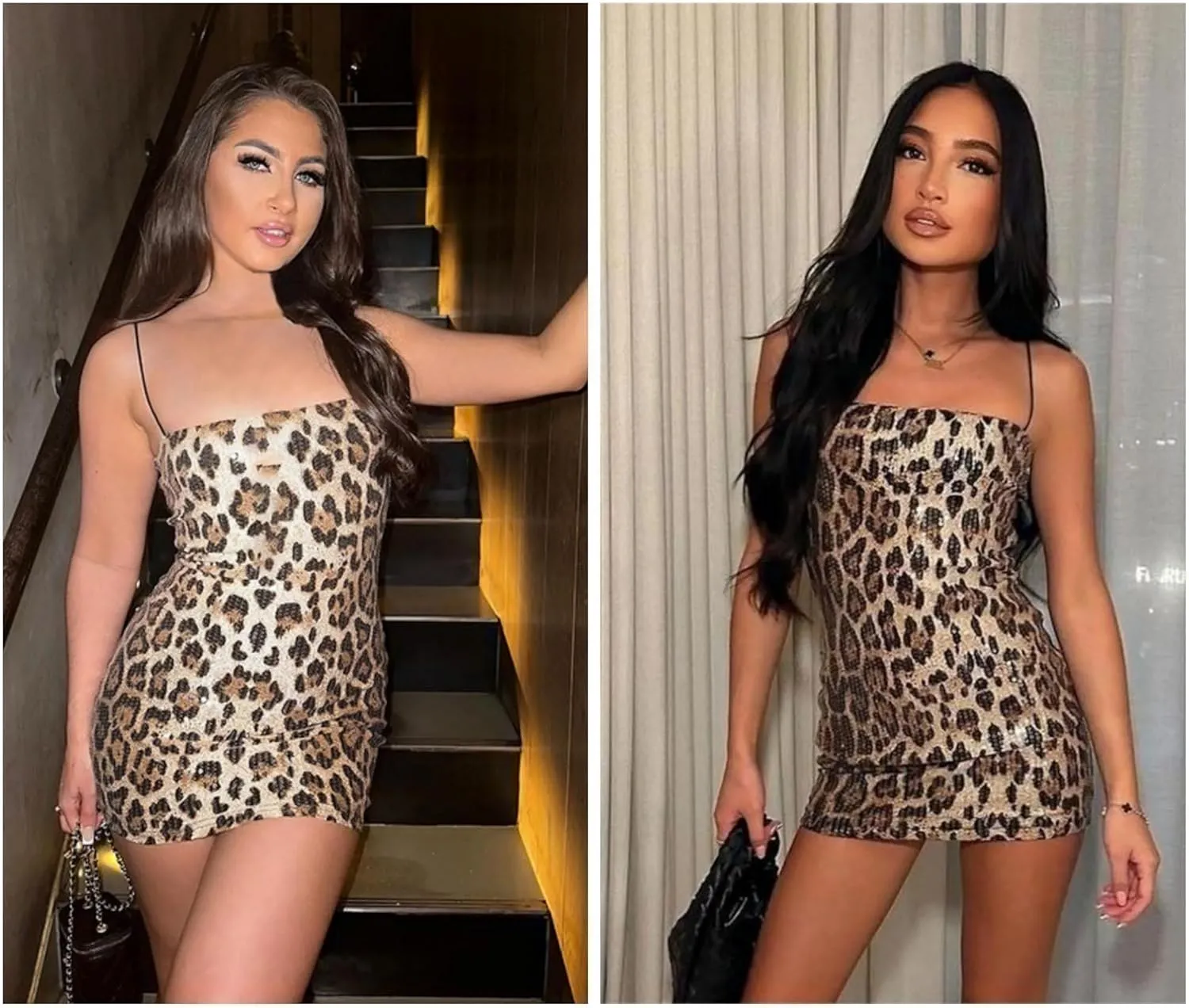 RARITYUS Women's Glitter Sequin Leopard Print Mini Dress Sexy Sleeveless Spaghetti Strap Bodycon Short Dress Party Club Dress
