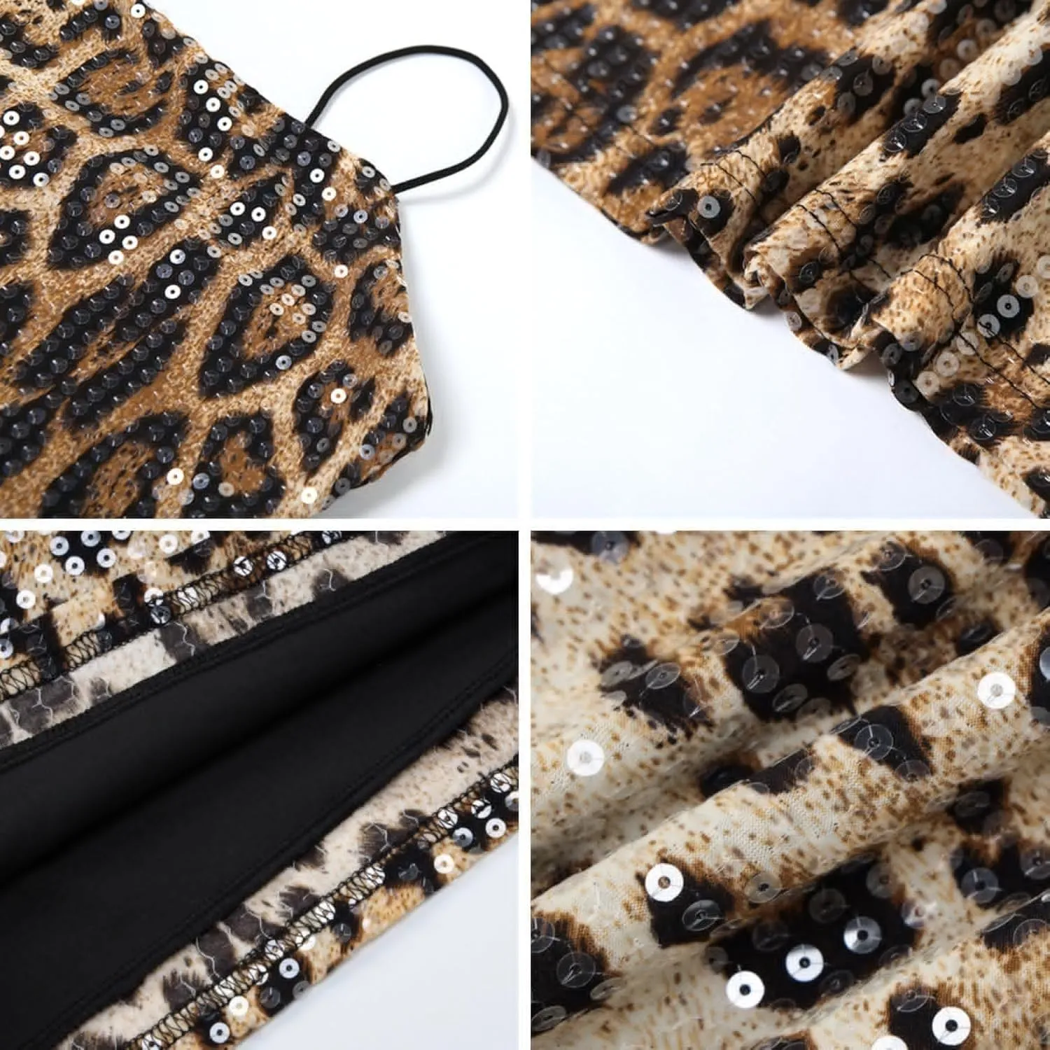 RARITYUS Women's Glitter Sequin Leopard Print Mini Dress Sexy Sleeveless Spaghetti Strap Bodycon Short Dress Party Club Dress