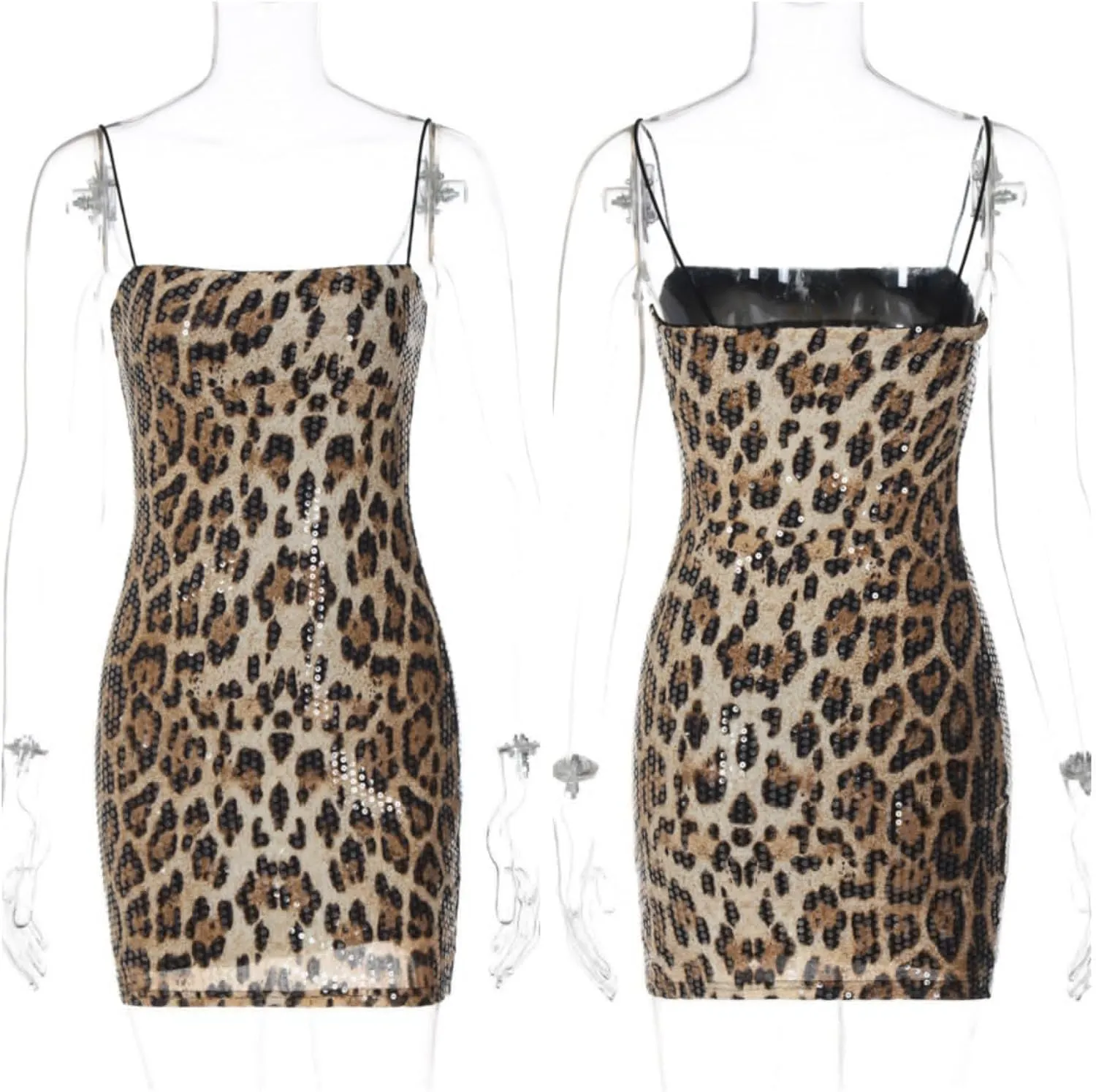 RARITYUS Women's Glitter Sequin Leopard Print Mini Dress Sexy Sleeveless Spaghetti Strap Bodycon Short Dress Party Club Dress
