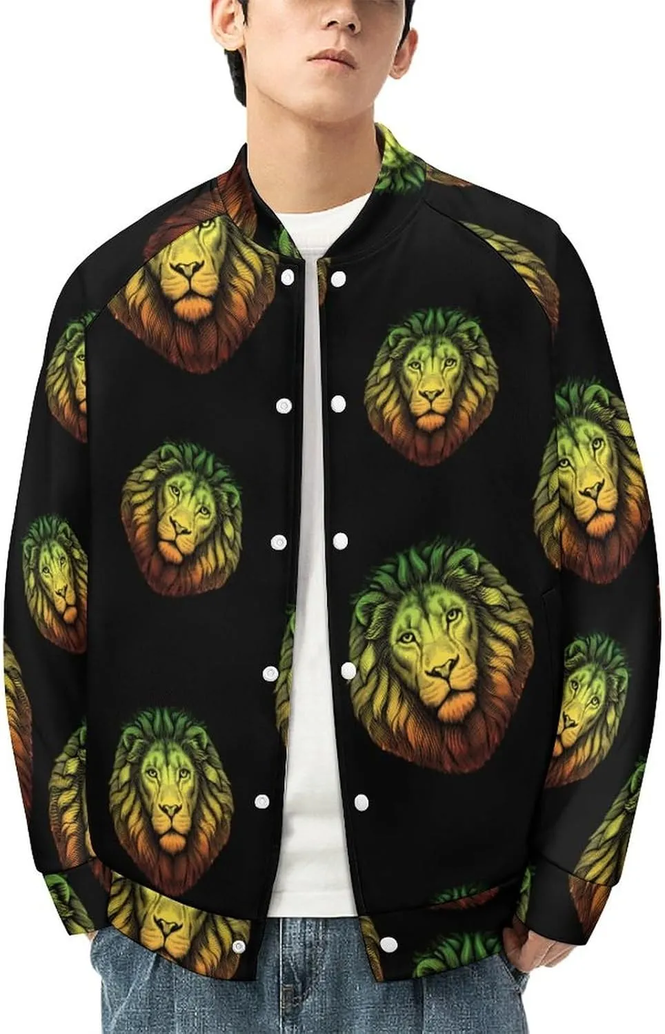 Rasta Lion Head Lightweight Men's Baseball Jackets Relaxed Fit Varsity Bomber Jacket Windbreaker Coat