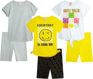 Real Love Girls' Active Shorts Set - 6 Piece Fashion T-Shirts and Performance Bike Shorts - Summer Outfit for Girls (7-16)