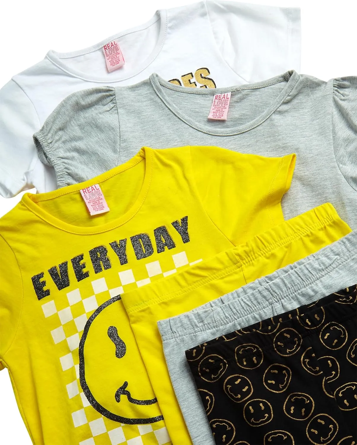 Real Love Girls' Active Shorts Set - 6 Piece Fashion T-Shirts and Performance Bike Shorts - Summer Outfit for Girls (7-16)
