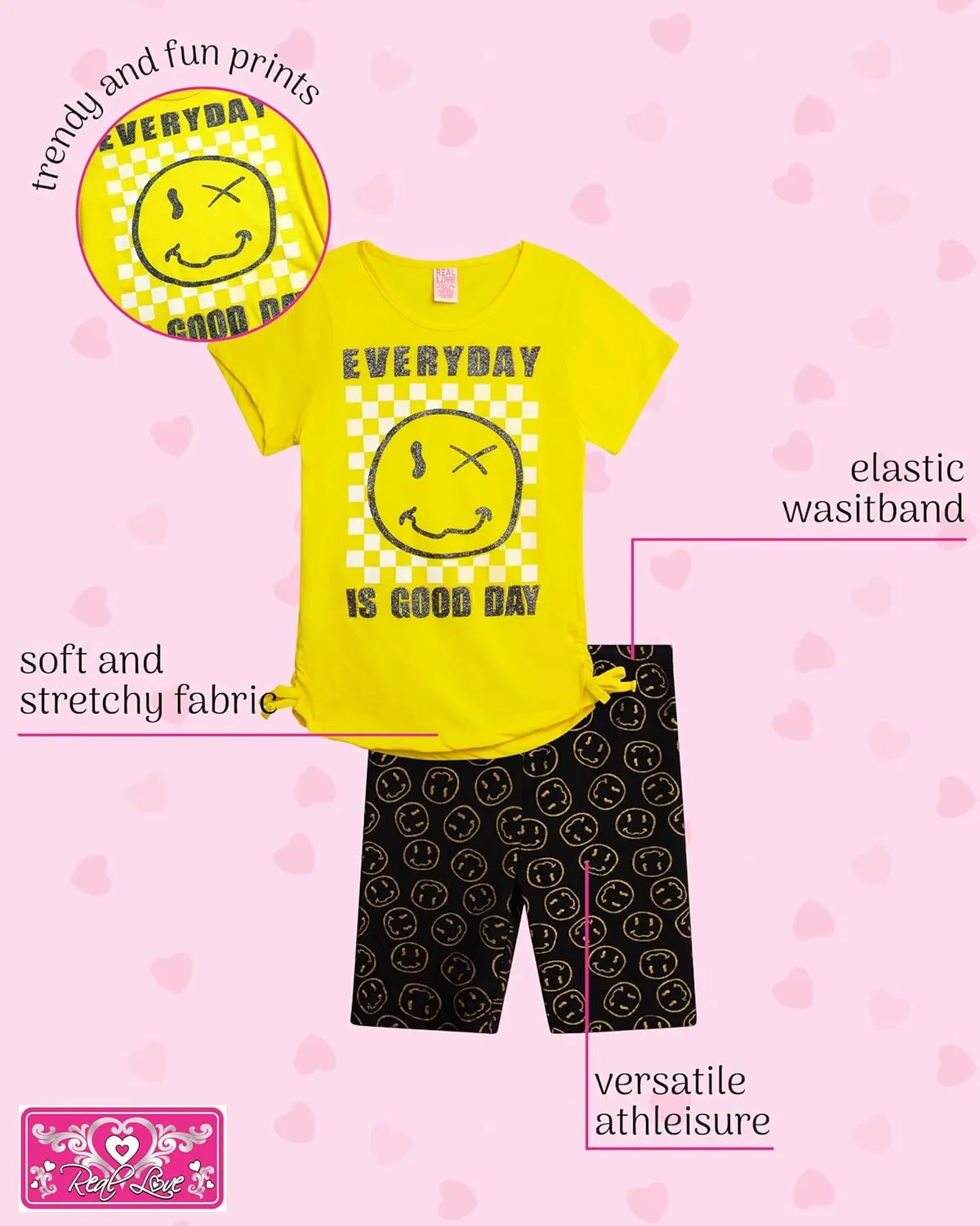 Real Love Girls' Active Shorts Set - 6 Piece Fashion T-Shirts and Performance Bike Shorts - Summer Outfit for Girls (7-16)