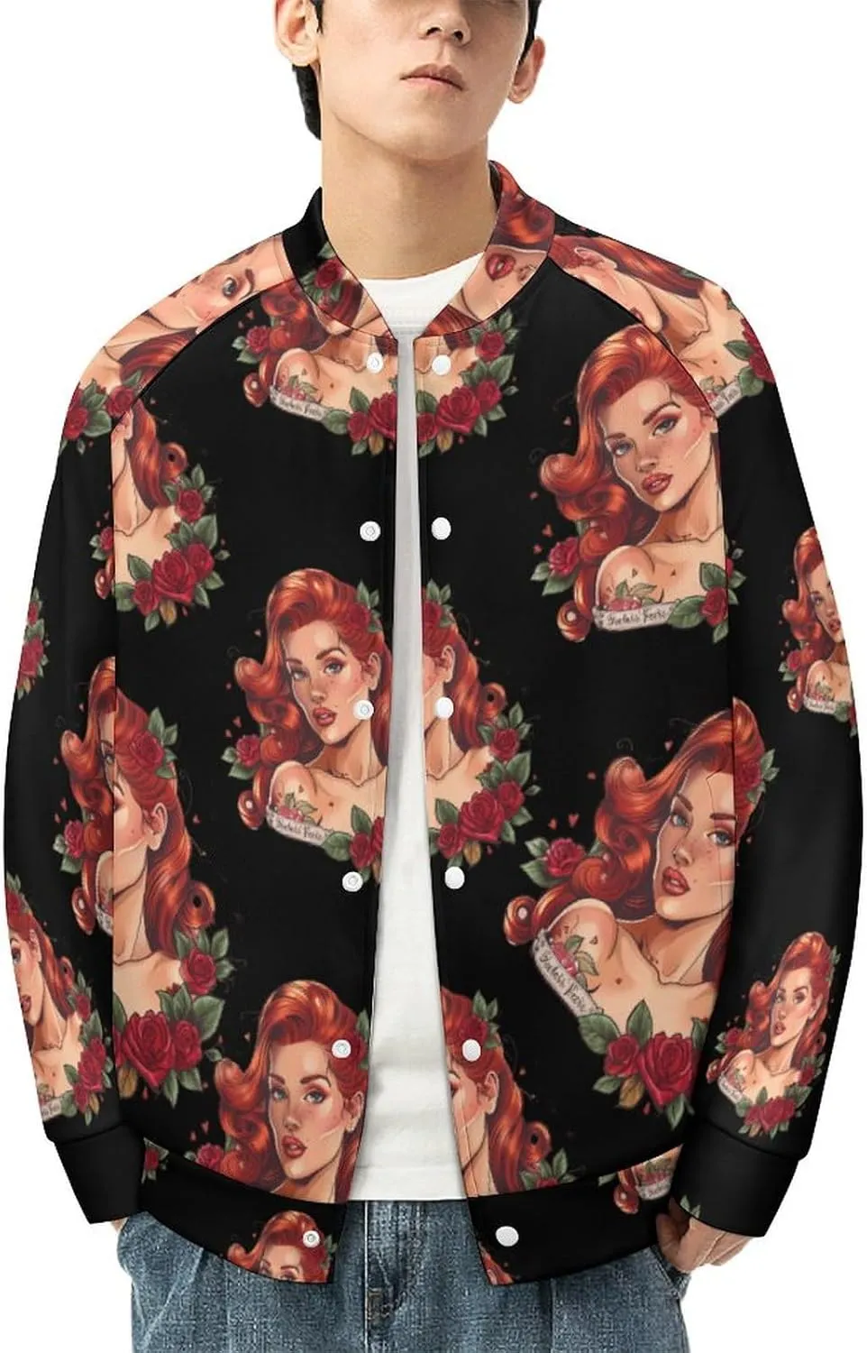 Red Hair Lady with Rose Tattoo Lightweight Men's Baseball Jackets Relaxed Fit Varsity Bomber Jacket Windbreaker Coat