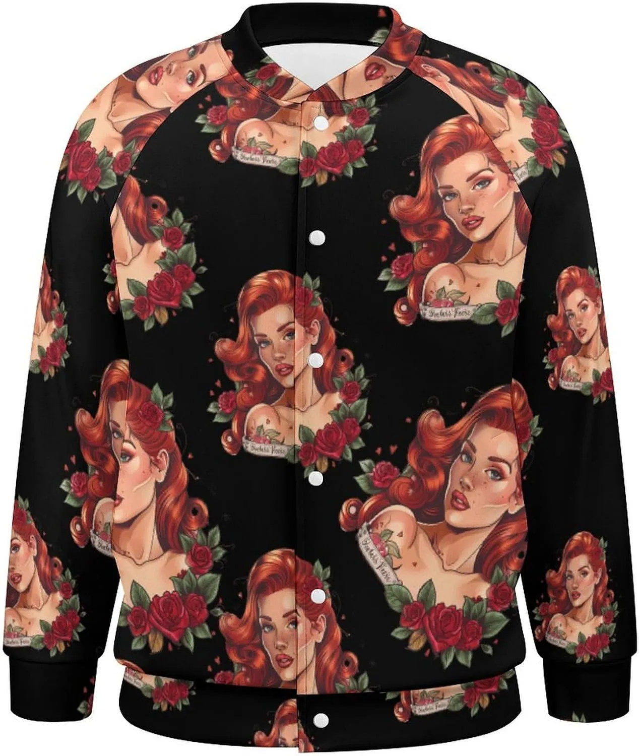 Red Hair Lady with Rose Tattoo Lightweight Men's Baseball Jackets Relaxed Fit Varsity Bomber Jacket Windbreaker Coat