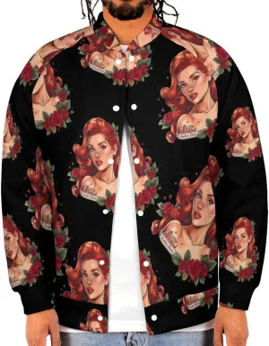 Red Hair Lady with Rose Tattoo Lightweight Men's Baseball Jackets Relaxed Fit Varsity Bomber Jacket Windbreaker Coat