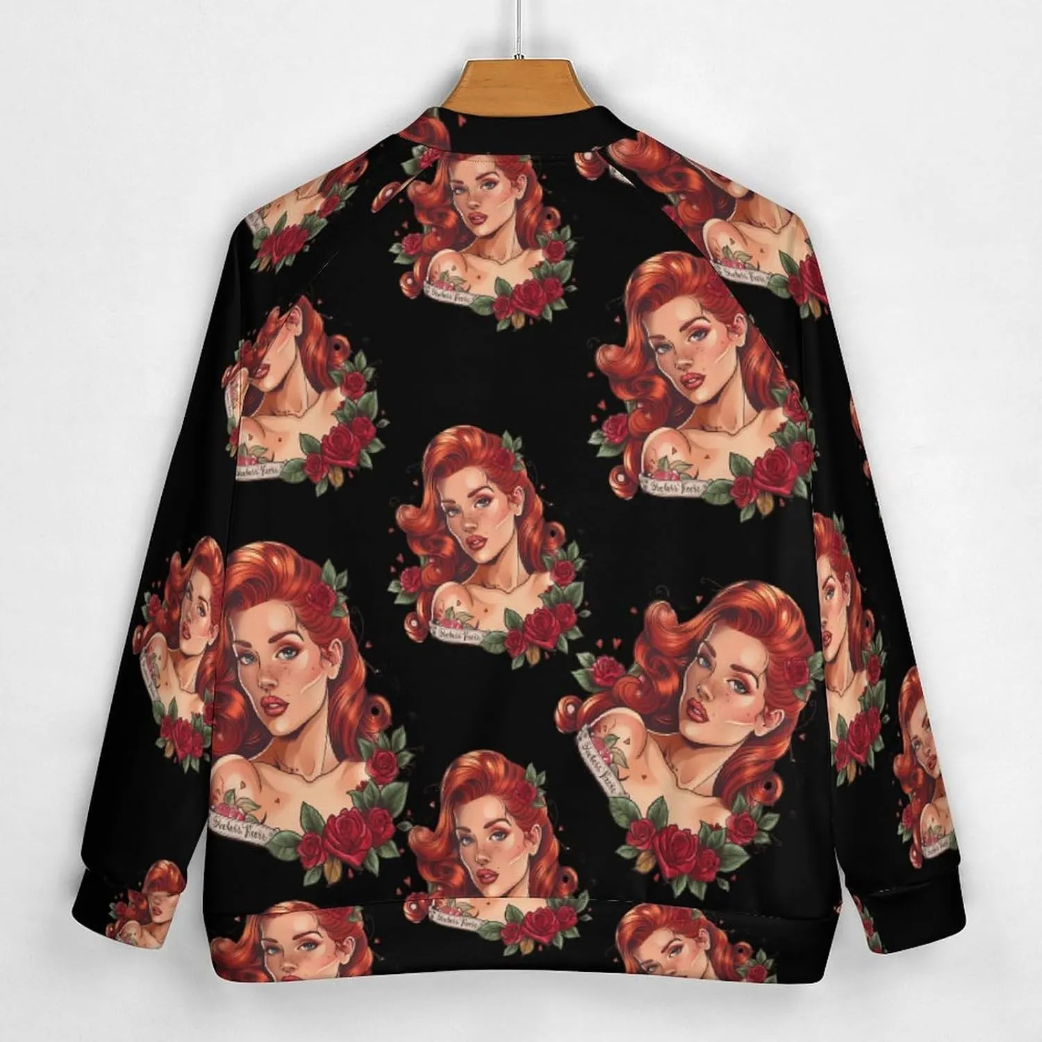 Red Hair Lady with Rose Tattoo Lightweight Men's Baseball Jackets Relaxed Fit Varsity Bomber Jacket Windbreaker Coat