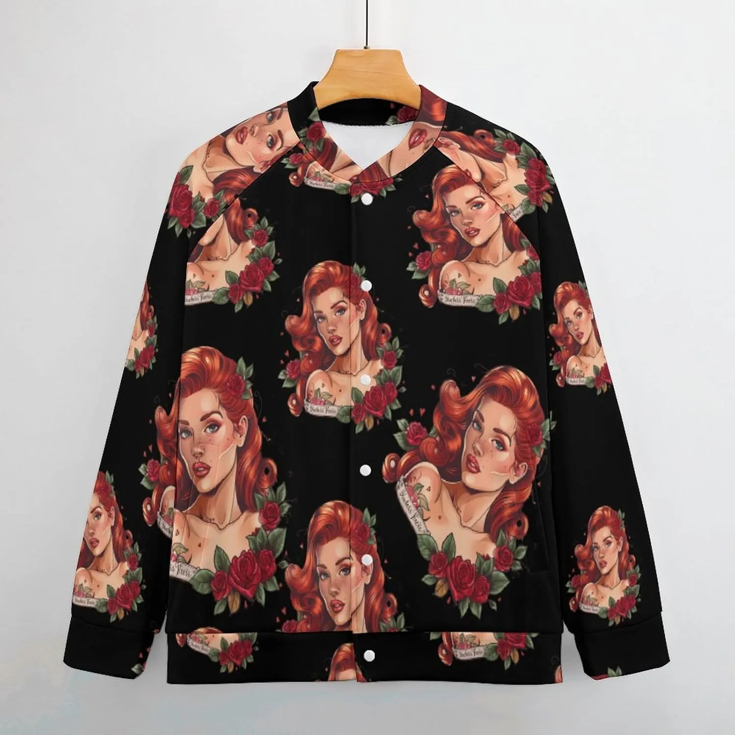 Red Hair Lady with Rose Tattoo Lightweight Men's Baseball Jackets Relaxed Fit Varsity Bomber Jacket Windbreaker Coat
