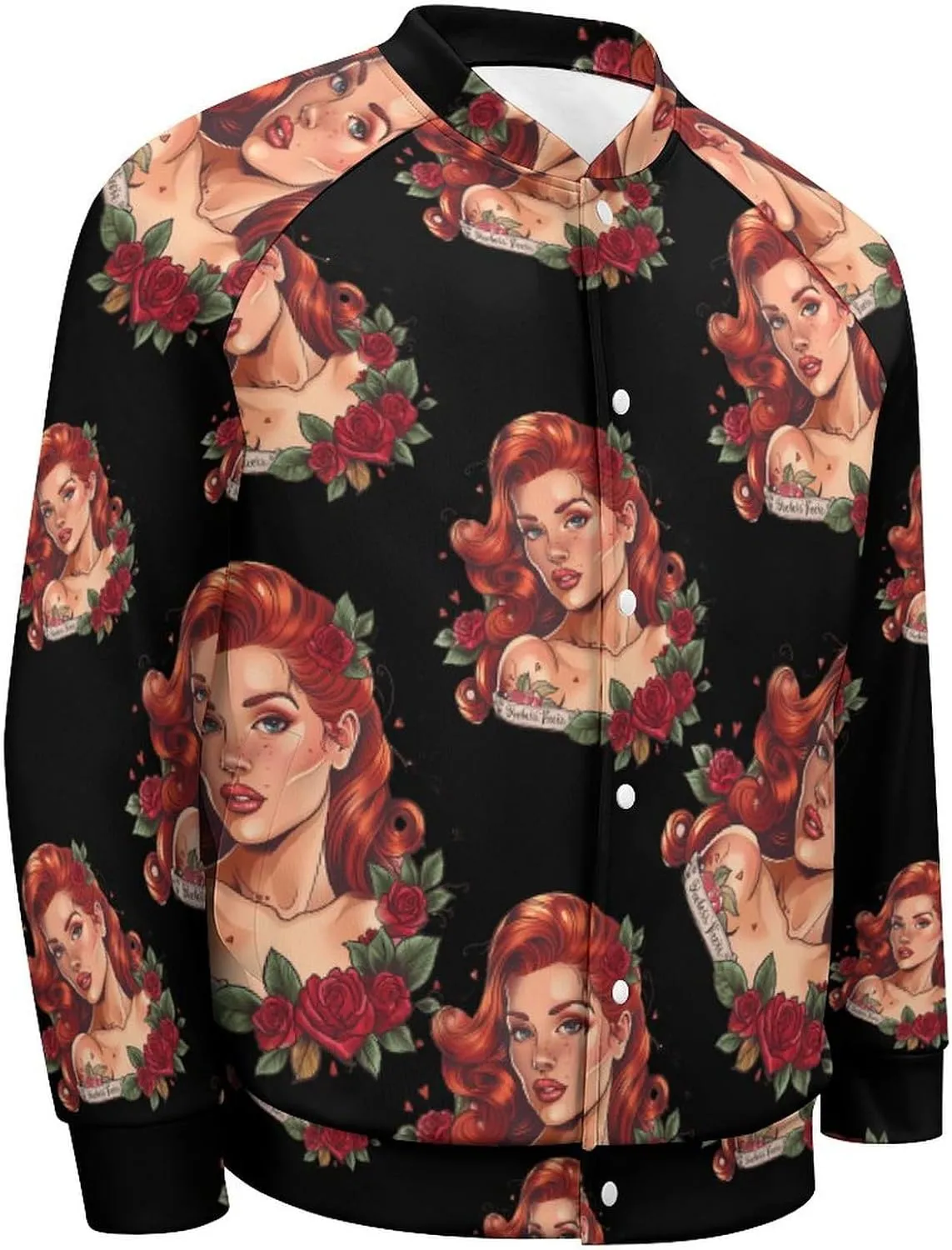Red Hair Lady with Rose Tattoo Lightweight Men's Baseball Jackets Relaxed Fit Varsity Bomber Jacket Windbreaker Coat