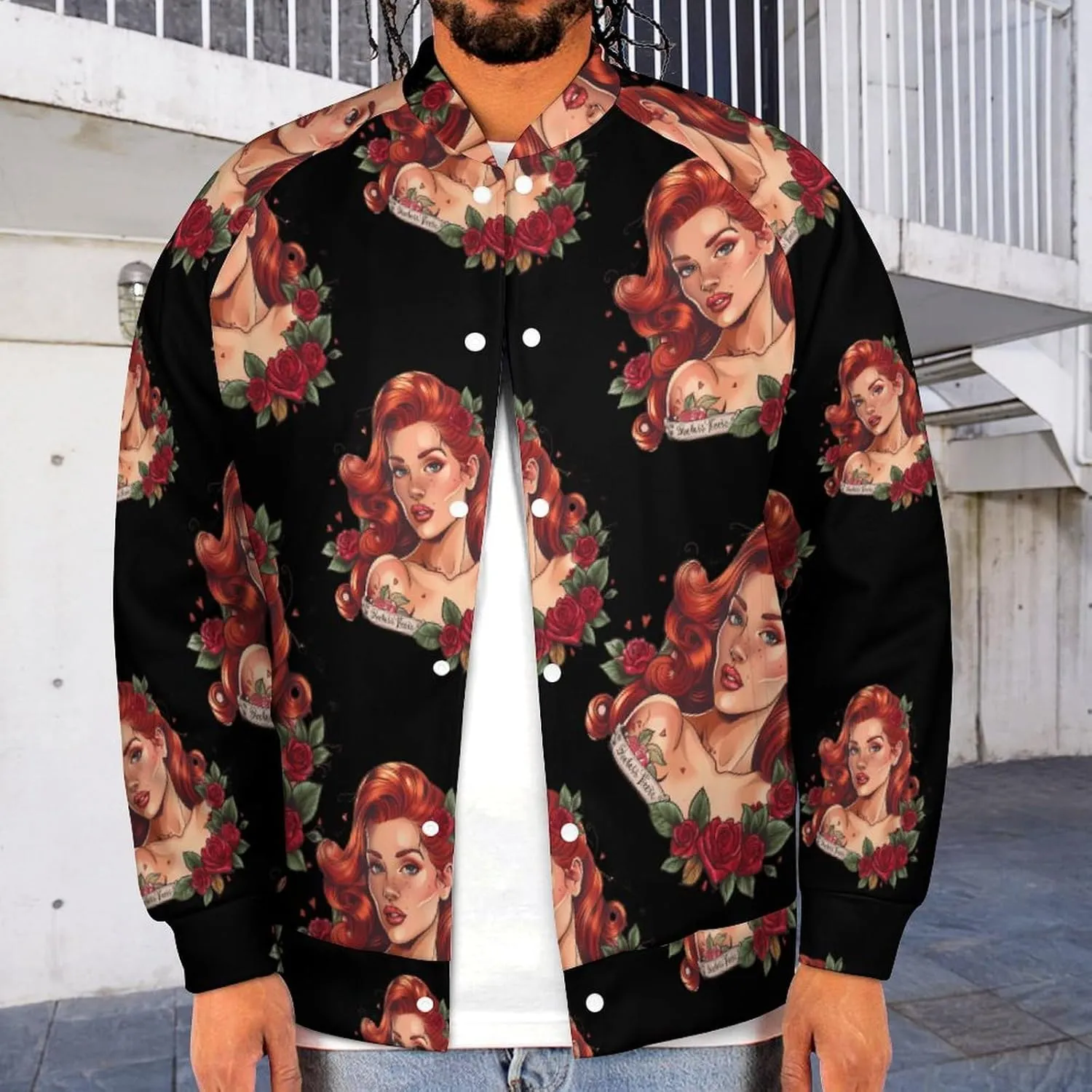 Red Hair Lady with Rose Tattoo Lightweight Men's Baseball Jackets Relaxed Fit Varsity Bomber Jacket Windbreaker Coat