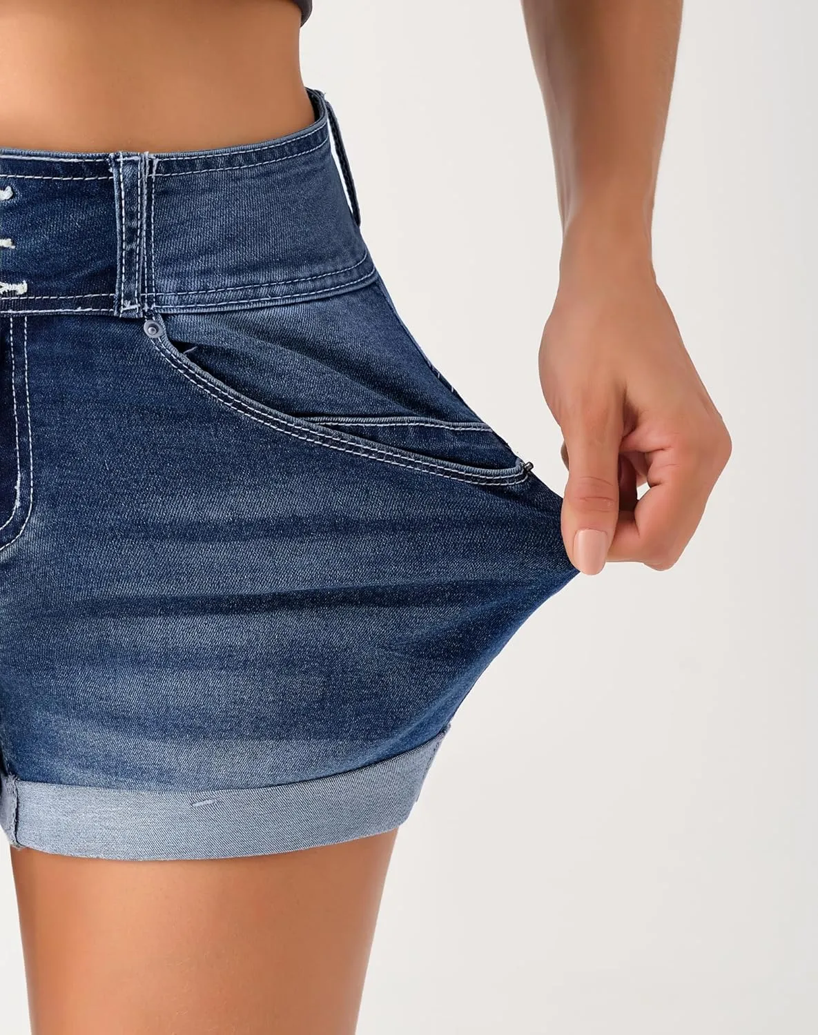 roswear Women's High Waisted Stretchy Denim Shorts Cuffed Jean Shorts