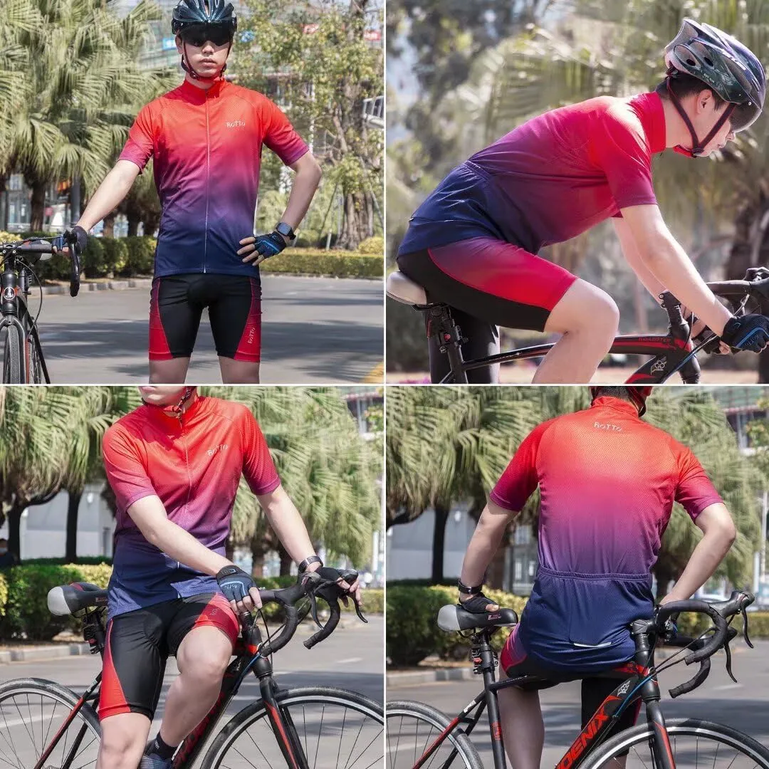 ROTTO Mens Cycling Jersey and Shorts Set Short Sleeve Biking Outfit Bike Clothing and Padded Shorts Suit