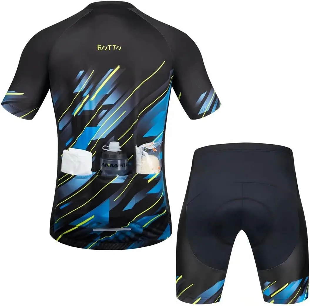 ROTTO Mens Cycling Jersey and Shorts Set Short Sleeve Biking Outfit Bike Clothing and Padded Shorts Suit