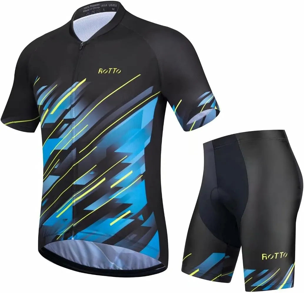 ROTTO Mens Cycling Jersey and Shorts Set Short Sleeve Biking Outfit Bike Clothing and Padded Shorts Suit