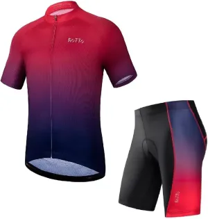 ROTTO Mens Cycling Jersey and Shorts Set Short Sleeve Biking Outfit Bike Clothing and Padded Shorts Suit