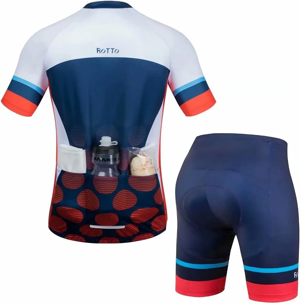 ROTTO Mens Cycling Jersey and Shorts Set Short Sleeve Biking Outfit Bike Clothing and Padded Shorts Suit