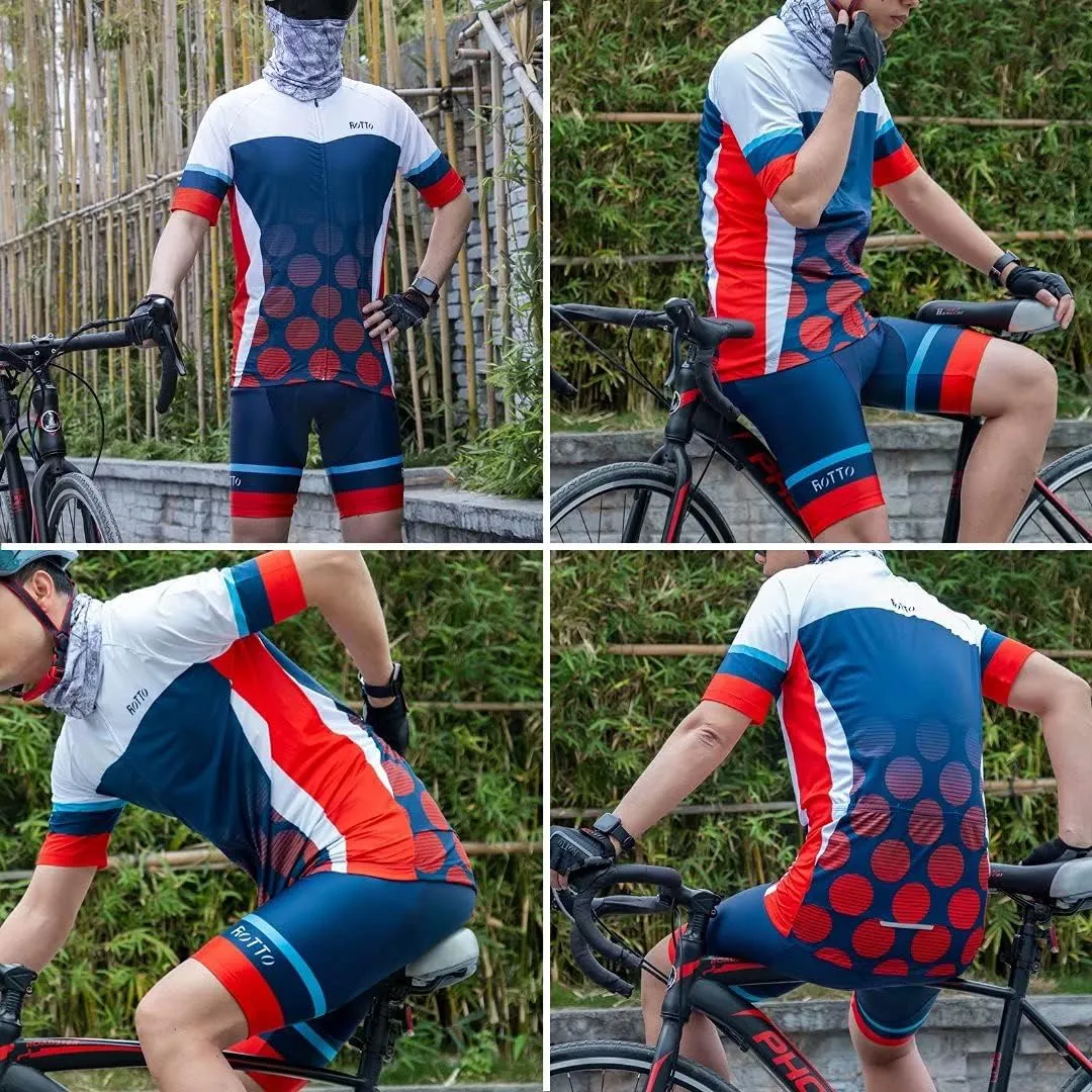 ROTTO Mens Cycling Jersey and Shorts Set Short Sleeve Biking Outfit Bike Clothing and Padded Shorts Suit