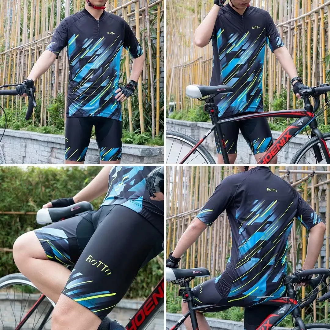 ROTTO Mens Cycling Jersey and Shorts Set Short Sleeve Biking Outfit Bike Clothing and Padded Shorts Suit