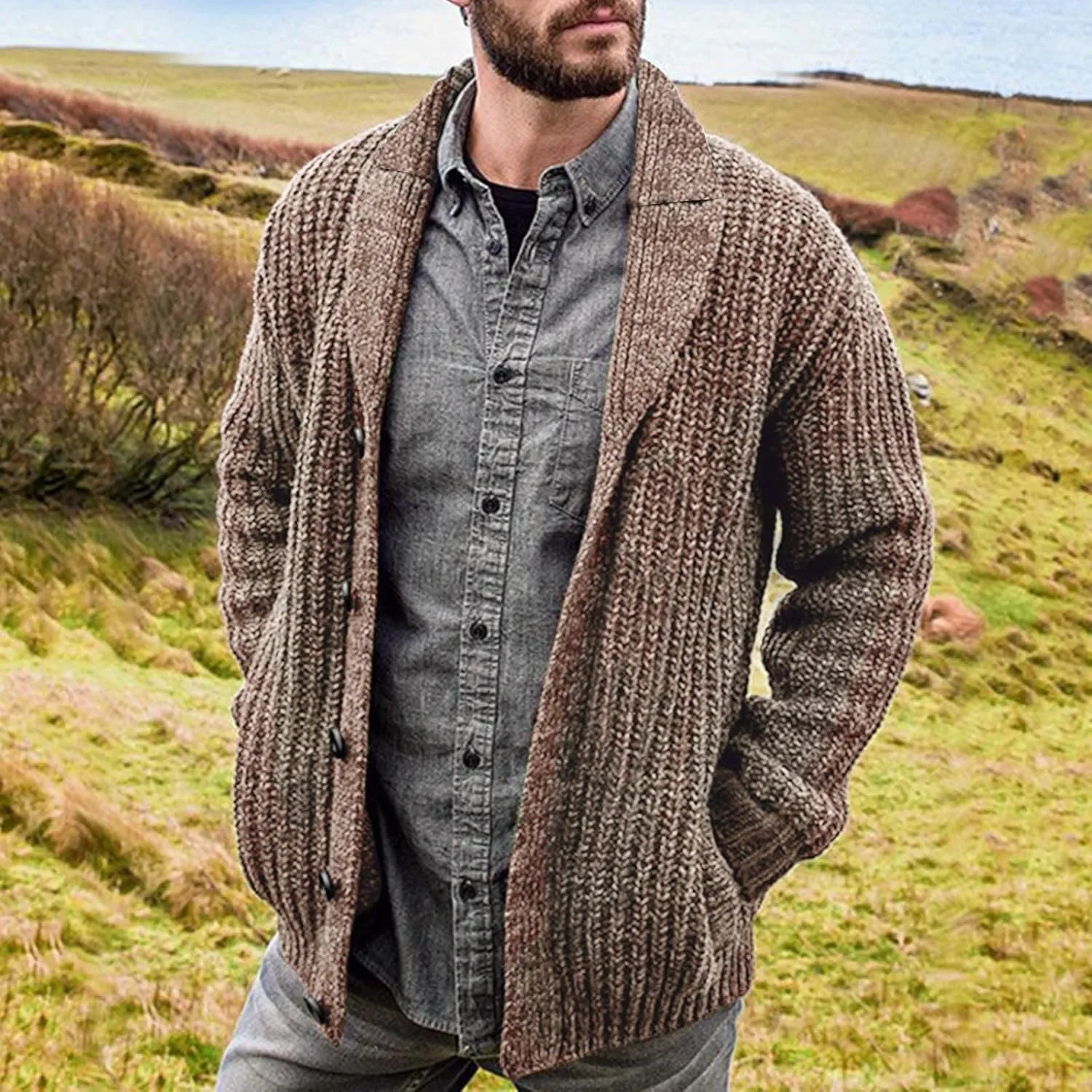 RTRDE Mens Dress Sweater Casual Long Sleeve Shawl Collar Buttons Down Cable Knit Cardigan Sweater Mens, XXL-5XL