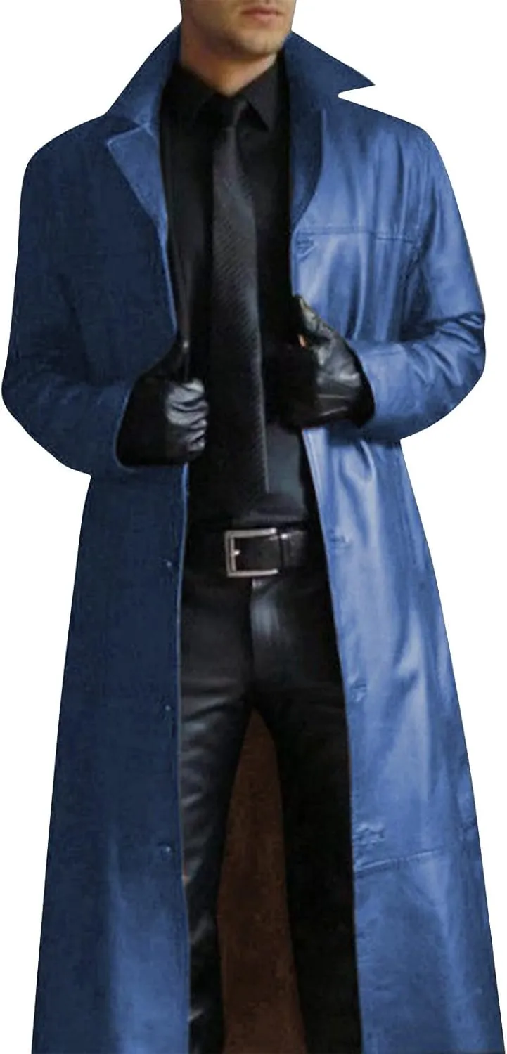 RTRDE Men's Jacket Black Faux Leather Jackets Long Motorcycle Overcoat Trench Jackets, M-5XL