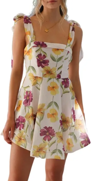 Sastianaen Women Y2k Floral Print Mini Dress Boho Tie Shoulder Spaghetti Strap Short Dress Flowy A Line Dress